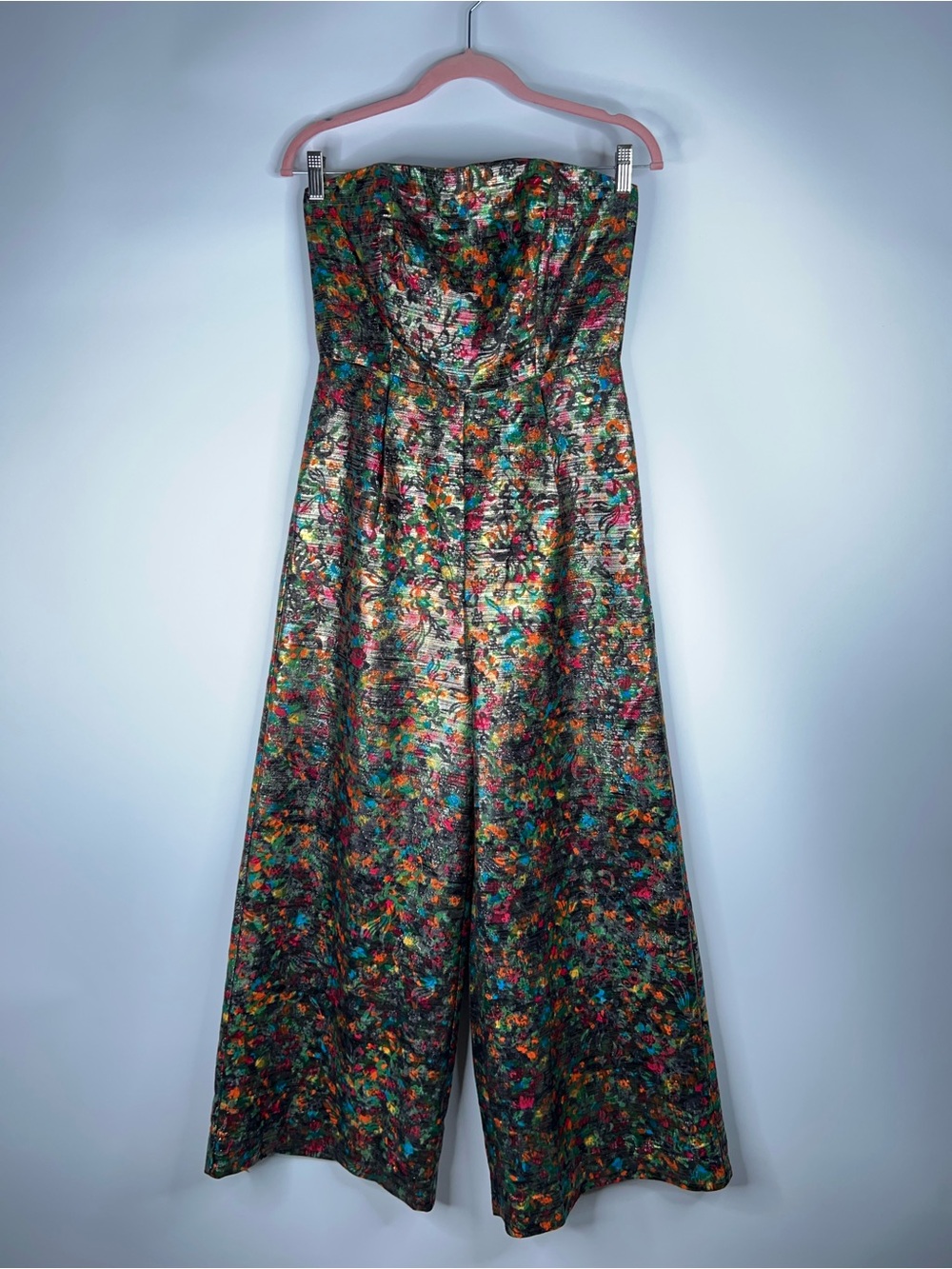 Anthropologie Maeve Strapless Floral Brocade Jumpsuit Metallic Wide Leg Shimmer